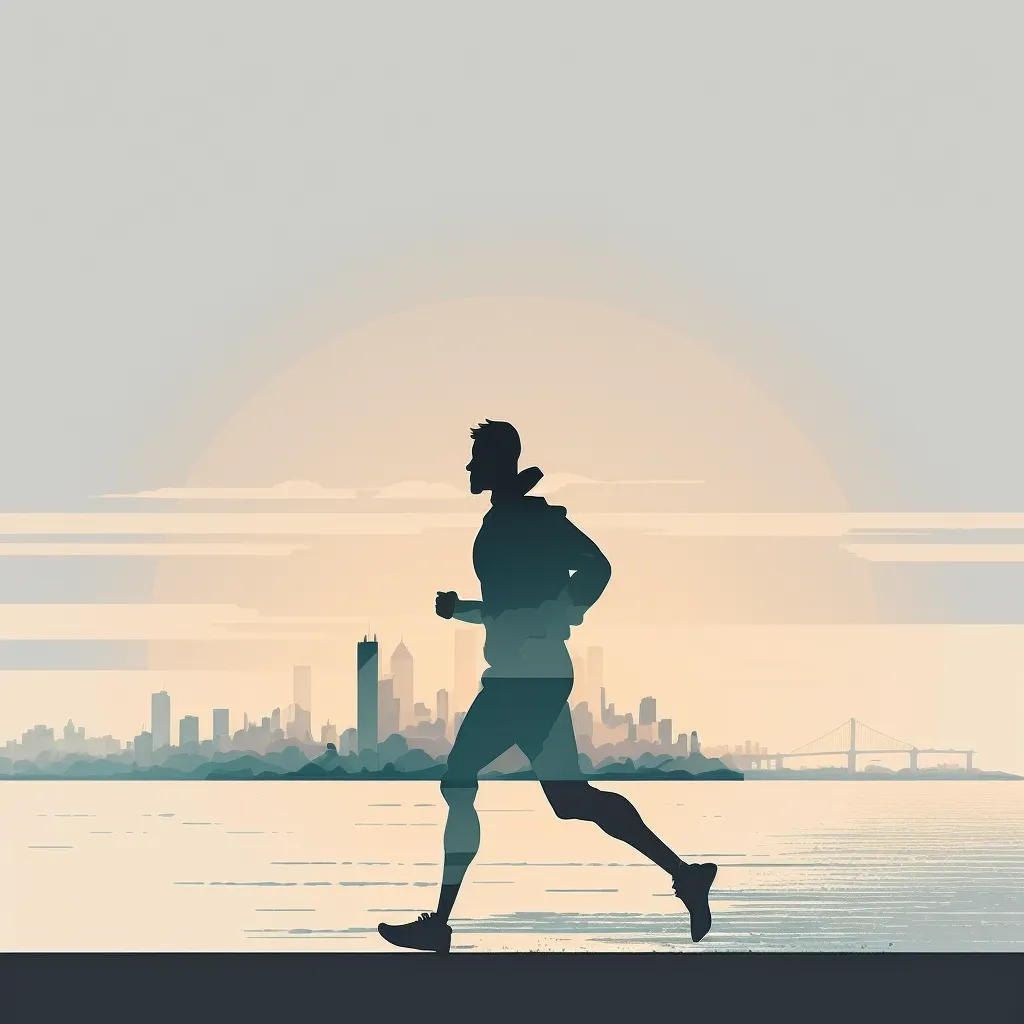 simple minimal tech illustration, man jogging by the waterfront, by slack and dropbox, style of behance 